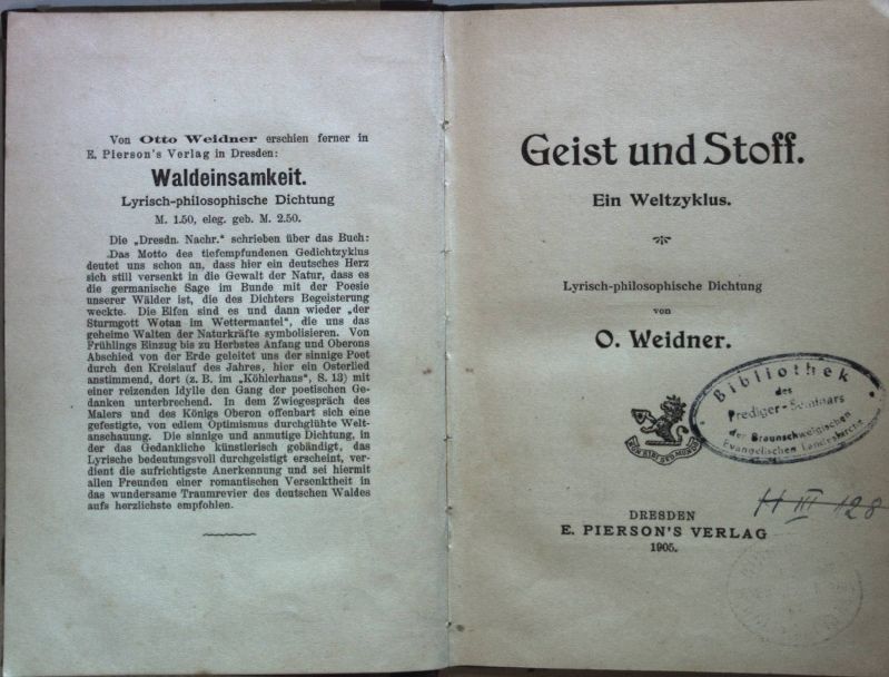 Geist und Stoff. Ein Weltzyklus. Lyrisch-philosophische Dichtung