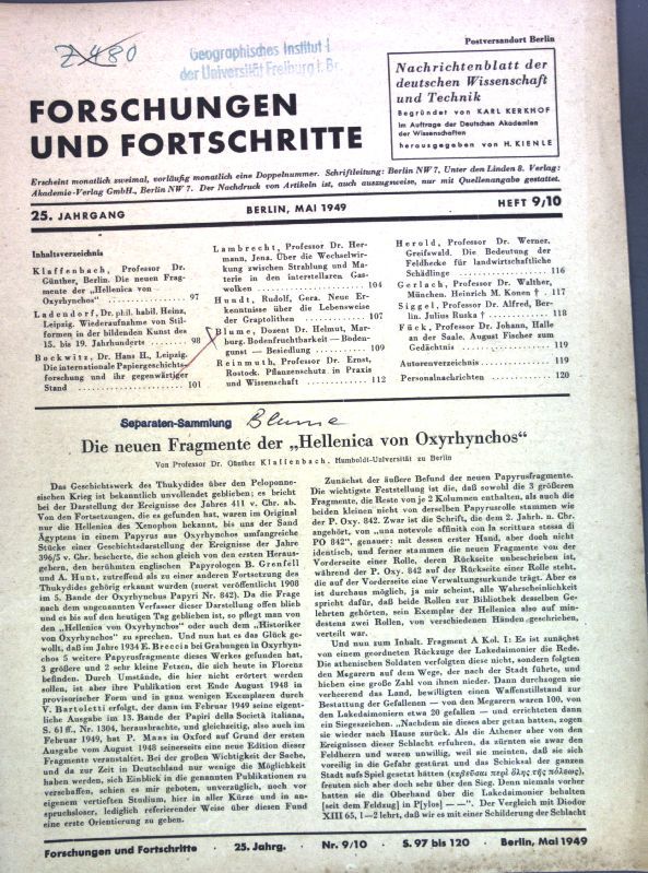 Die neuen Fragmente der Hellenica von Oxyrhynchos - in: 25. Jahrgang Heft 9/10 Forschungen und Fortschritte, Nachrichtenblatt der Deutschen Wissenschaft und Technik