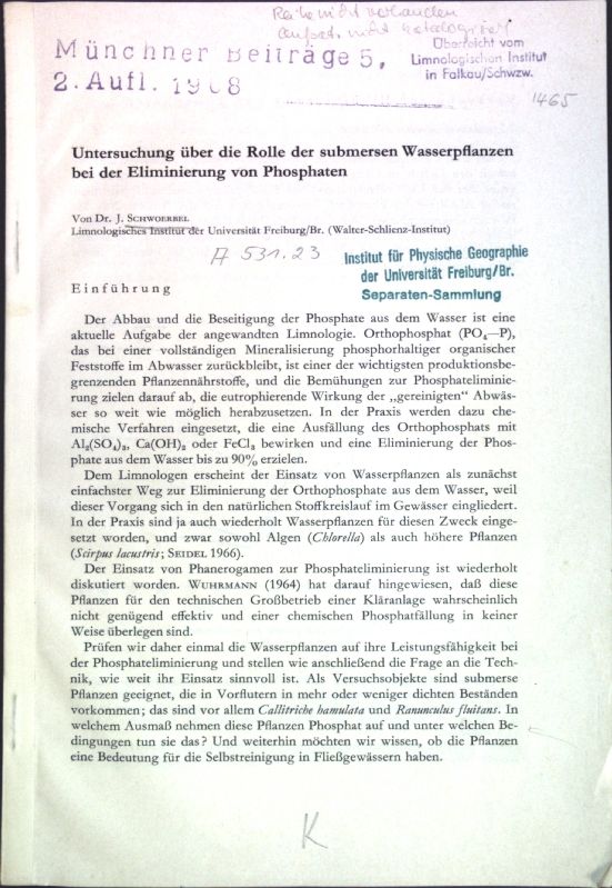 Untersuchung über die Rolle der submersen Wasserpflanzen bei der Eliminierung von Phosphaten
