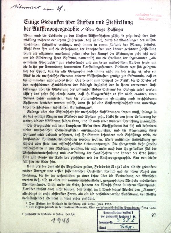 Einige Gedanken über Aufbau und Zielsetzung der Anthropogeographie