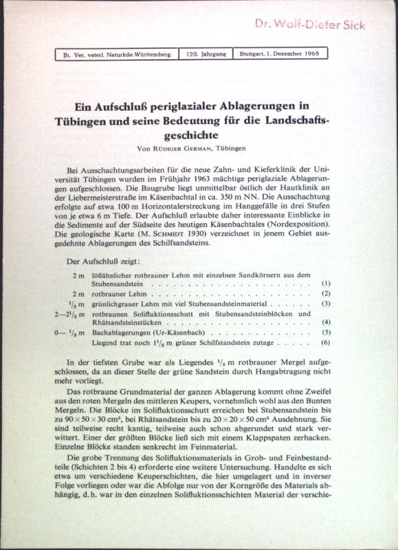 Ein Aufschluß periglazialer Ablagerungen in Tübingen und seine Bedeutung für die Landschaftsgeschichte