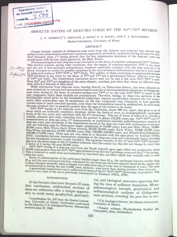 Absolute dating of deep-sea cores by th Pa231/Th230 method
