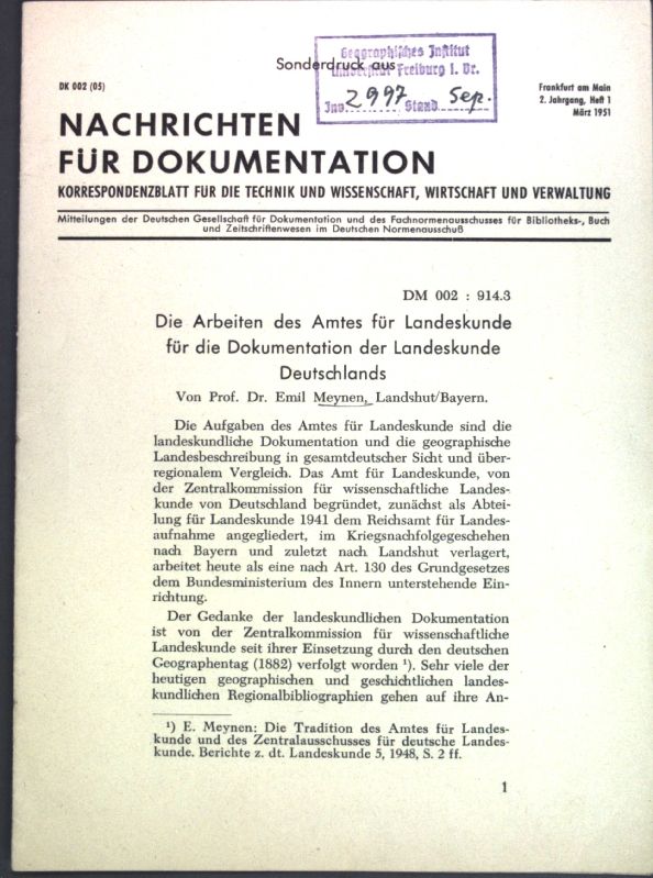 Die Arbeiten des Amtes für Landeskunde für die Dokumentation der Landeskunde Deutschlands / Zurr Bibliographie der Geographie