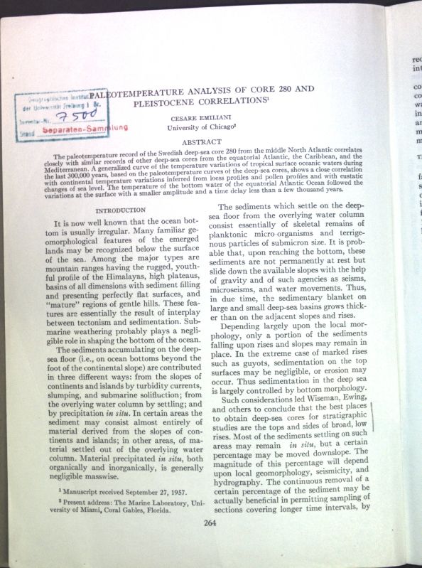 Paleotemperature Analysis of Core 280 and Pleistocene Correlations