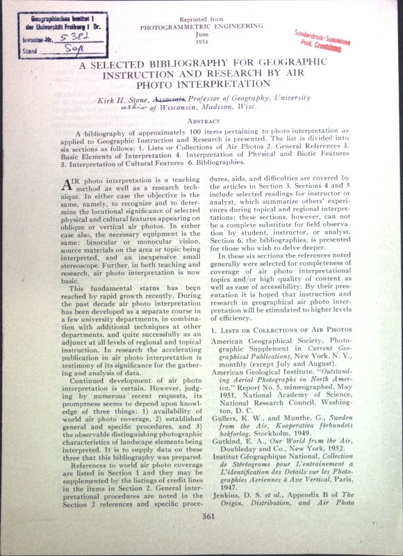 A selected Bibliography for Geographic Instruction and research by Air Photo Interpetation
