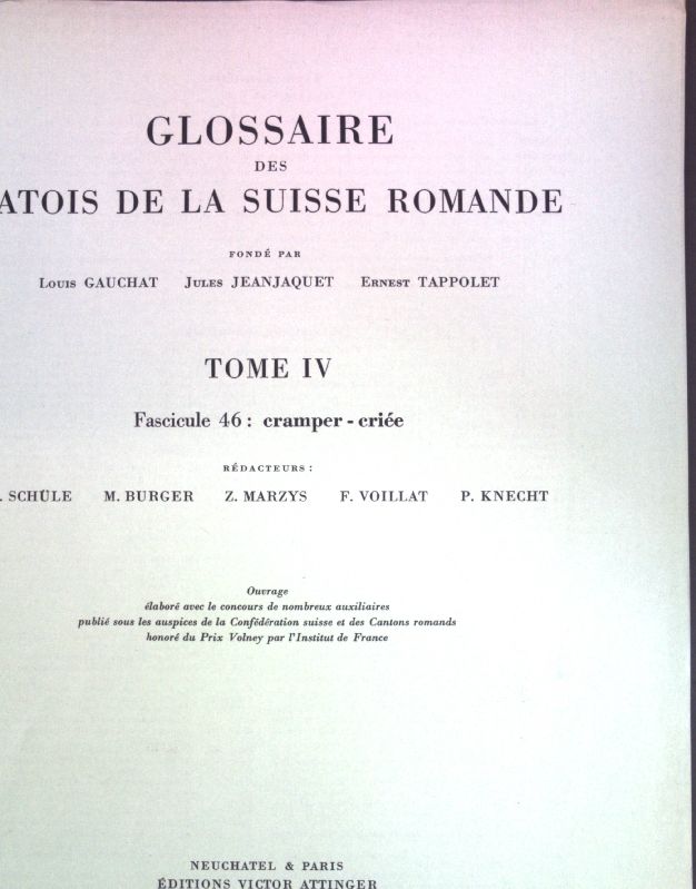 Glossaire des Patois de la Suisse Romande, Tomé IV, Fascicule 46: cramper-criée