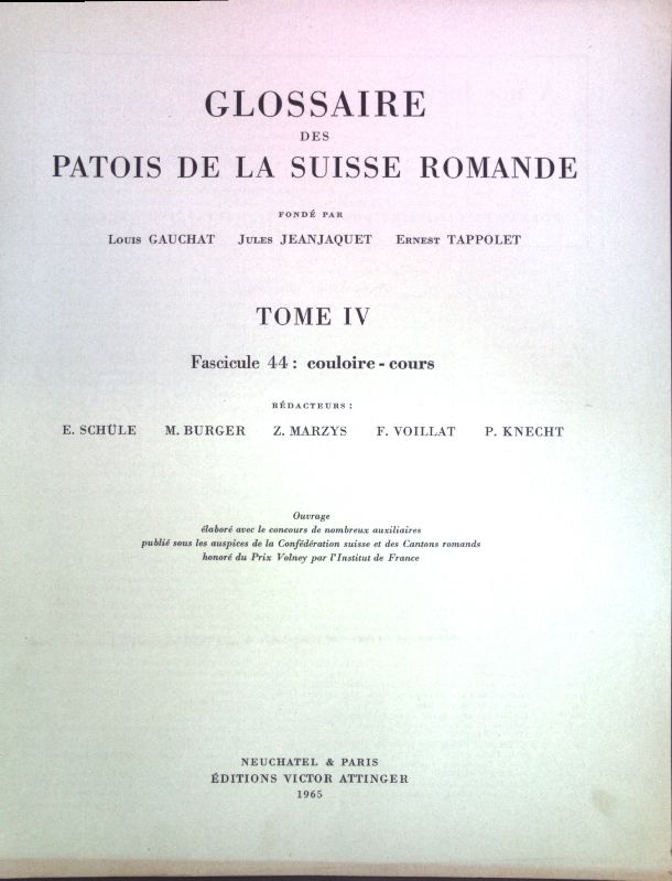 Glossaire des Patois de la Suisse Romande, Tomé IV, Fascicule 44: couloire-cours