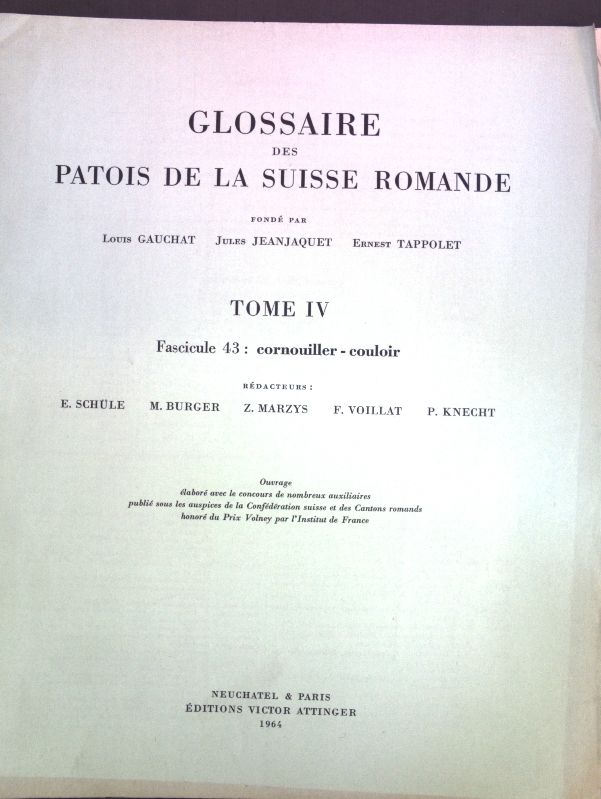 Glossaire des Patois de la Suisse Romande, Tomé IV, Fascicule 43: cornouiller-couloir