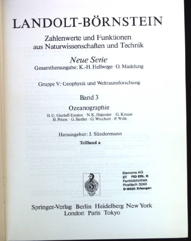 Zahlenwerte und Funktionen aus Naturwissenschaften und Technik - N.S., Gruppe 5, Geophysik und Weltraumforschung. Bd. 3., Ozeanographie / Teilbd. a