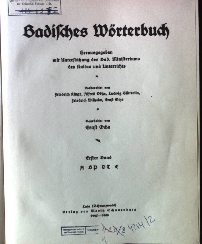 Badisches Wörterbuch, Erster band: A,B/P, D/T, E