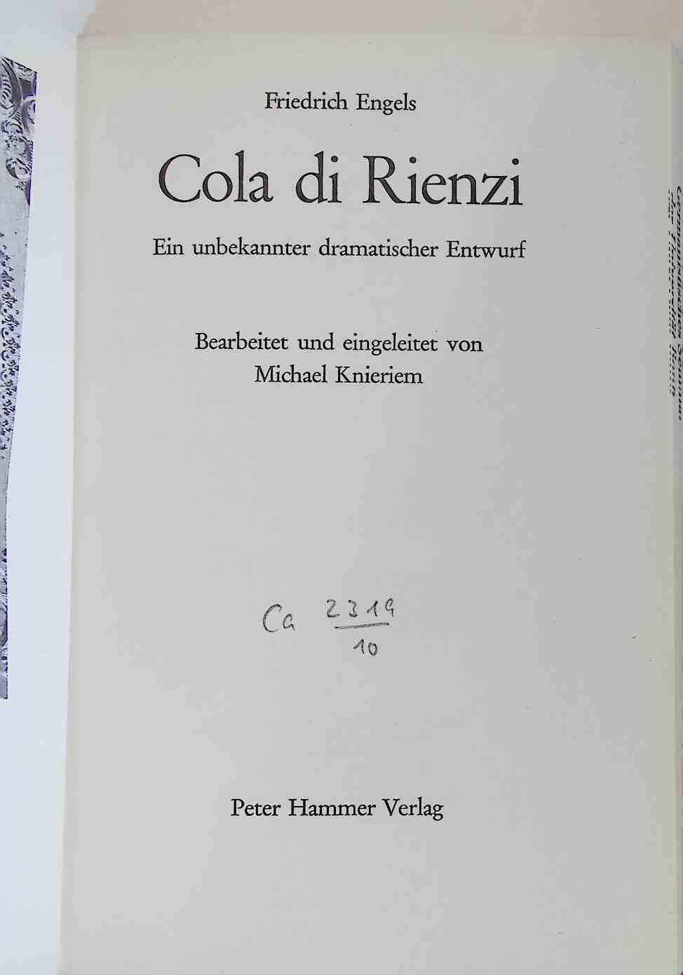 Cola di Rienzi : ein unbekannter dramat. Entwurf