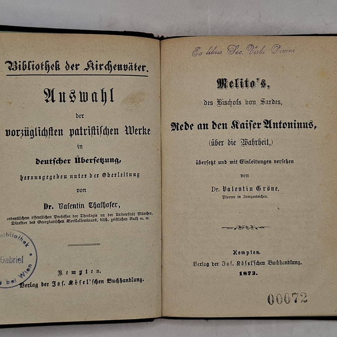 Melito's des Bischofs von Sardes, Rede an den Kaiser Antoninus, (über die Wahrheit)/ Hippolytus', des Presbyters und Martyrers Canones. - 2 TEILE in einem BAND. (Nr. 7)