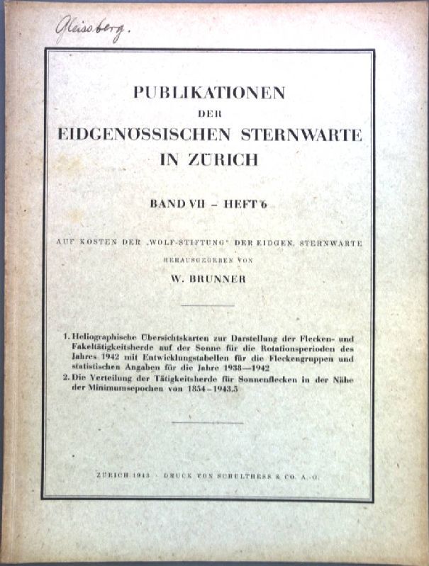 Heliographische Übersichtskarten zur Darstellung der Flecken- und Fackeltätigkeitsherde auf der Sonne für die Rotationsperioden des Jahres 1942 mit Entwicklungstabellen für die Fleckengruppen und statistischen Angaben für die Jahre 1938-1942