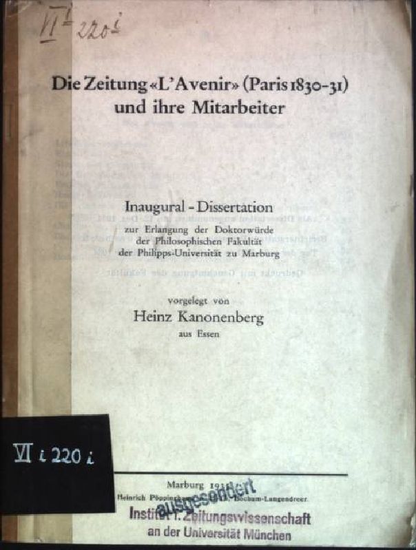 Die Zeitung L'Avenir (Paris 1830-31) und ihre Mitarbeiter