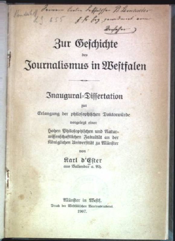 Zur Geschichte des Journalismus in Westfalen (SIGNIERTES EXEMPLAR)