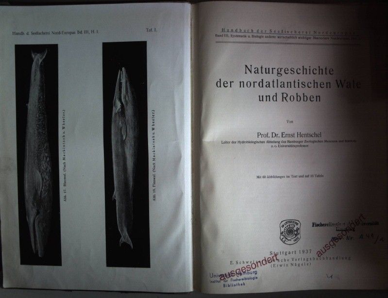 Handbuch der Seefischerei Nordeuropas: BAND III: Systematik und Biologie anderer wirtschaftlich wichtiger Meerestiere Nordeuropas (3 Hefte in einem Band) - Heft 1: Hentschel, Ernst: Naturgeschichte der nordatlantischen Wale und Robben/ Heft 2: Havinga, B.: Krebse und Weichtiere/ Heft 3: Thiel, M.E.: Naturgeschichte des Seemooses