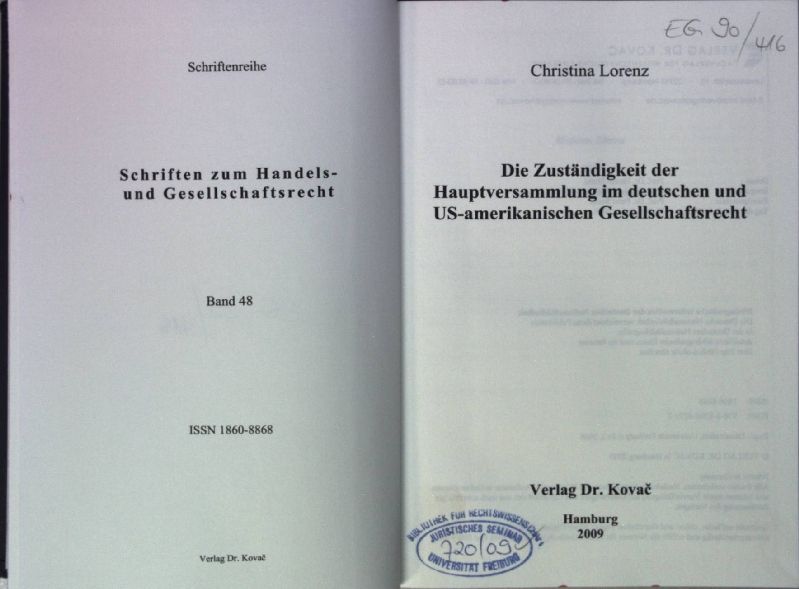 Die Zuständigkeit der Hauptversammlung im deutschen und US-amerikanischen Gesellschaftsrecht