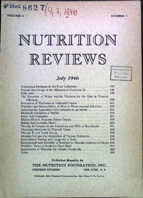 Thyroxine Synthesis by Thyroid Tissue. - In : Vol. 4, Number 7 July/1946, Nutrition Reviews