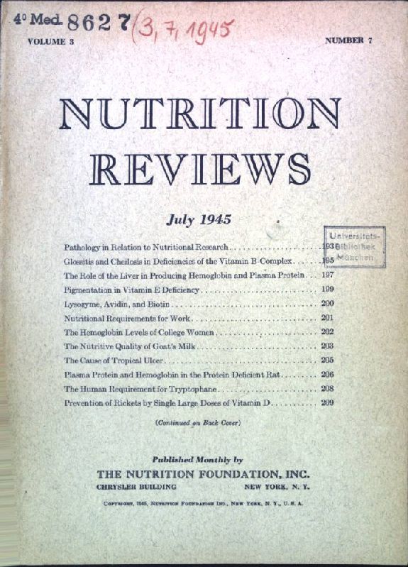 The Hemoglobin Levels of College Women. - In : Vol. 3, Number 7, July /1945, Nutrition Reviews