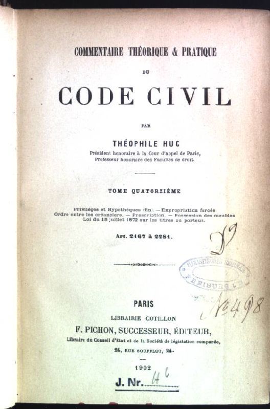 Commentaire théorique et pratique du Code Civil - tome 14 (Art. 2167 à 2281)