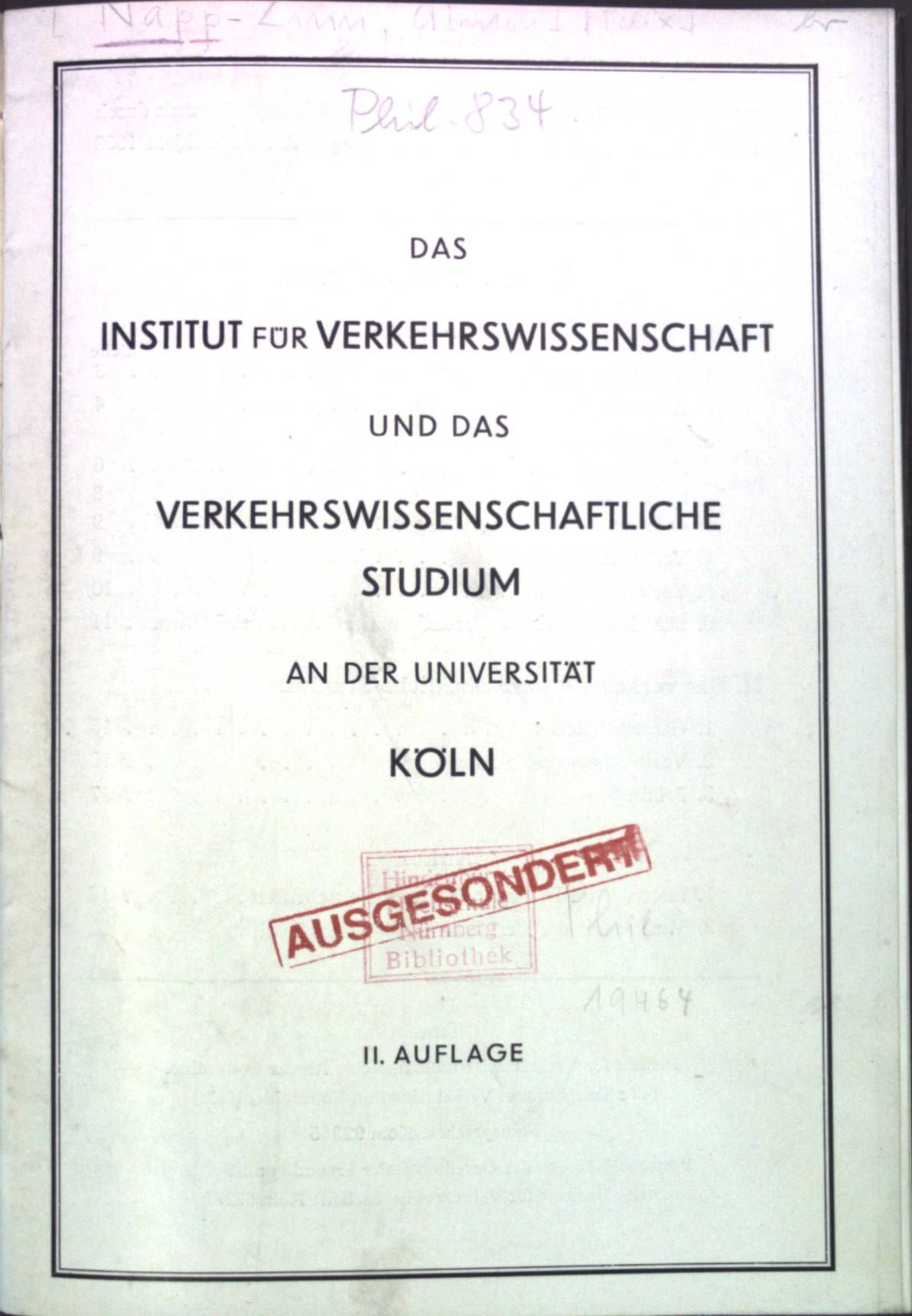 Das Institut für Verkehrswissenschaft und das verkehrswissenschaftliche Studium an der Universität Köln