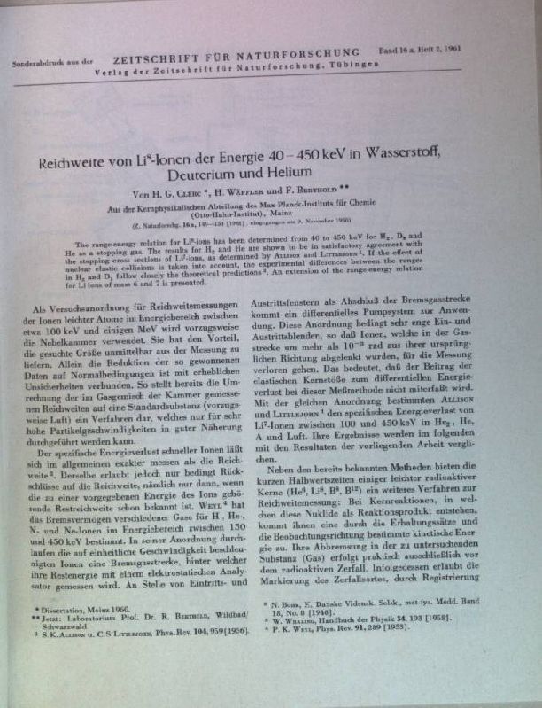 Reichweite von Li8-Ionen der Energie 40-45 keV in Wasserstoff, Deuterium un Helium