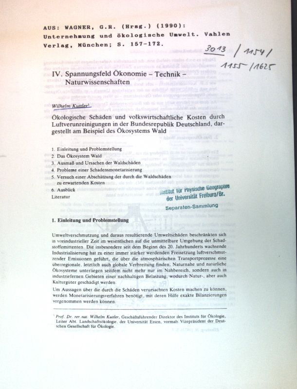 Ökologische Schäden und volkswirtschaftliche Kosten durch Luftverunreinigungen in der Bundesrepublik Deutschland, dargestellt am Beispiel des Ökosystems Wald