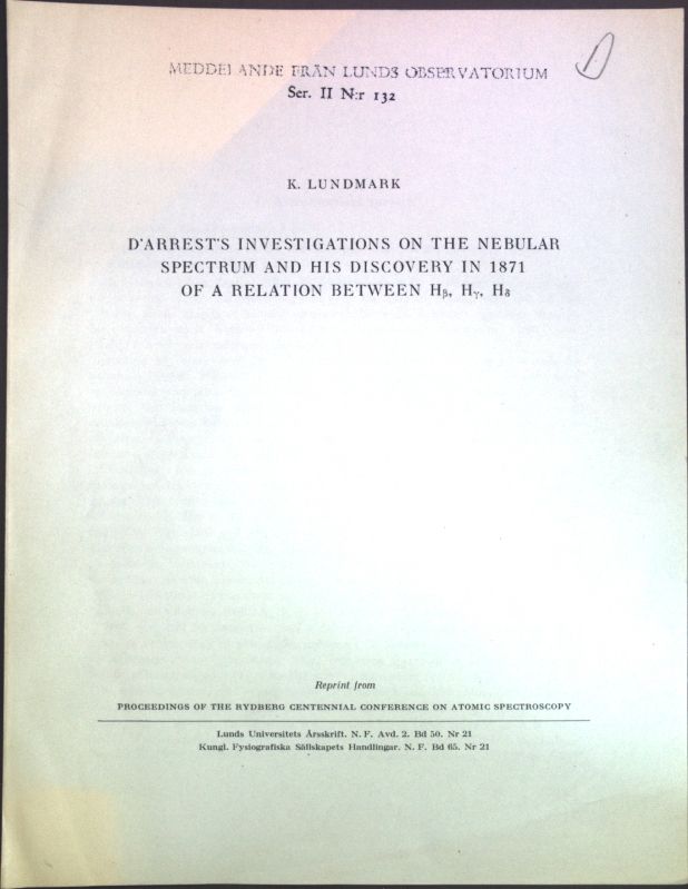 D'arrest's Investigations on the Nebular Spectrum and his Discovery in 1871 of a Relation between H(beta), H(gamma), H(delta)