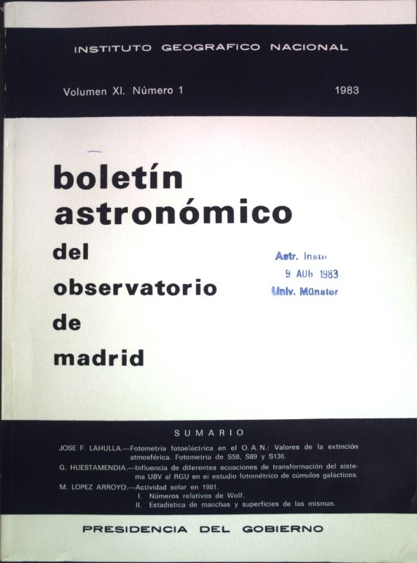 Fotometria fotoelectrica en el O.A.N - Valores de la extrincion atmosferica - en: Volumen XI Número 1 Boletin Astronomico del Observatorio de Madrid