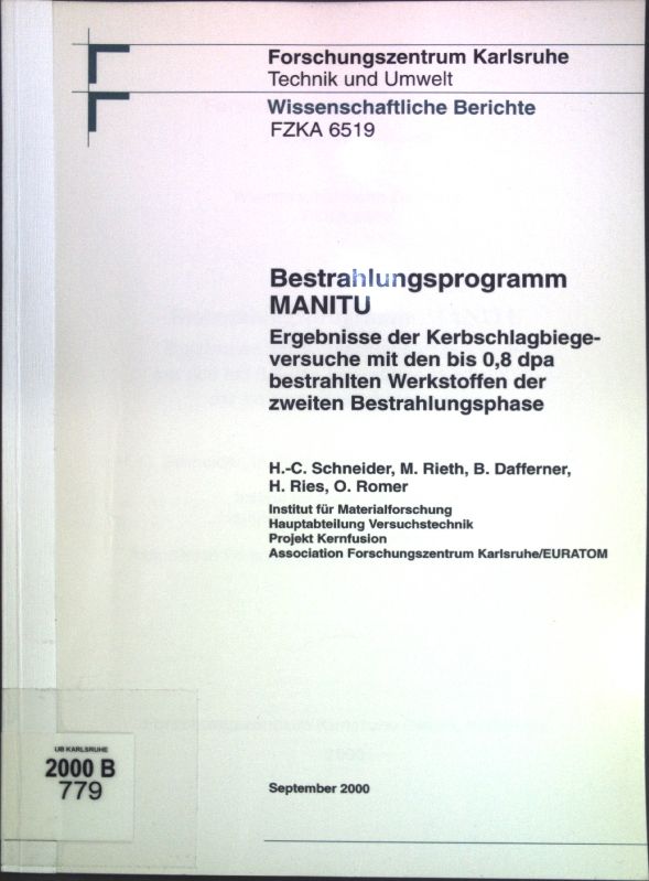 Bestrahlungsprogramm MANITU: Ergebnisse der Kerbschlagbiegeversuche mit den bis 0.8 dpa bestrahlten Werkstoffen der zweiten Bestrahlungsphase