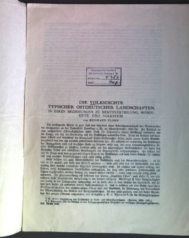 Die Volksdichte typischer Ostdeutscher Landschaften in ihren Beziehungen zu Besitzerverteilung, Bodengüte und Volkstum