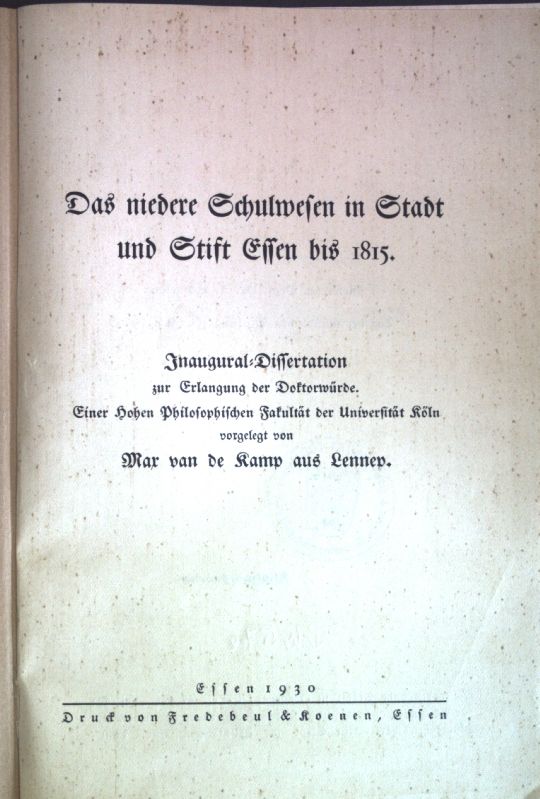 Das niedere Schulwesen in Stadt und Stift Essen bis 1815