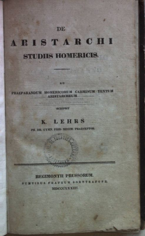 De Aristarchi Studiis Homericis. Ad Praeparandum Homericorum Carminum Textum Aristarcheum