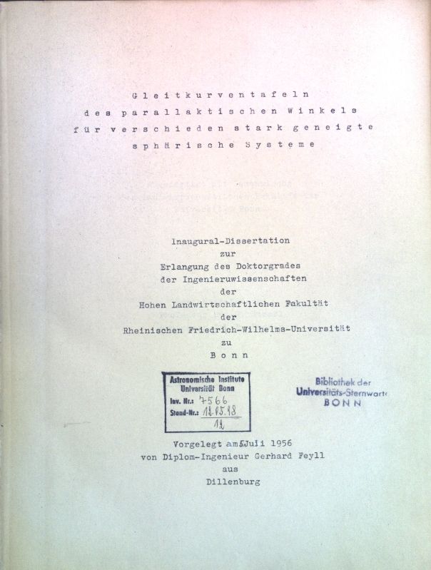 Gleitkurventafeln des parallaktischen Winkels für verschieden stark geneigte sphärischen Systeme