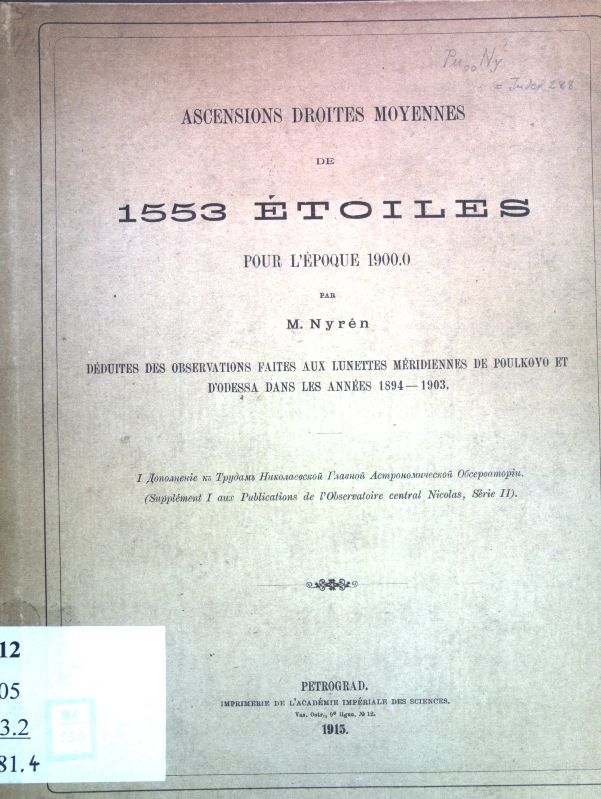 Ascensions droites moyennes de 1553 étoiles pour l'époque 1900.0