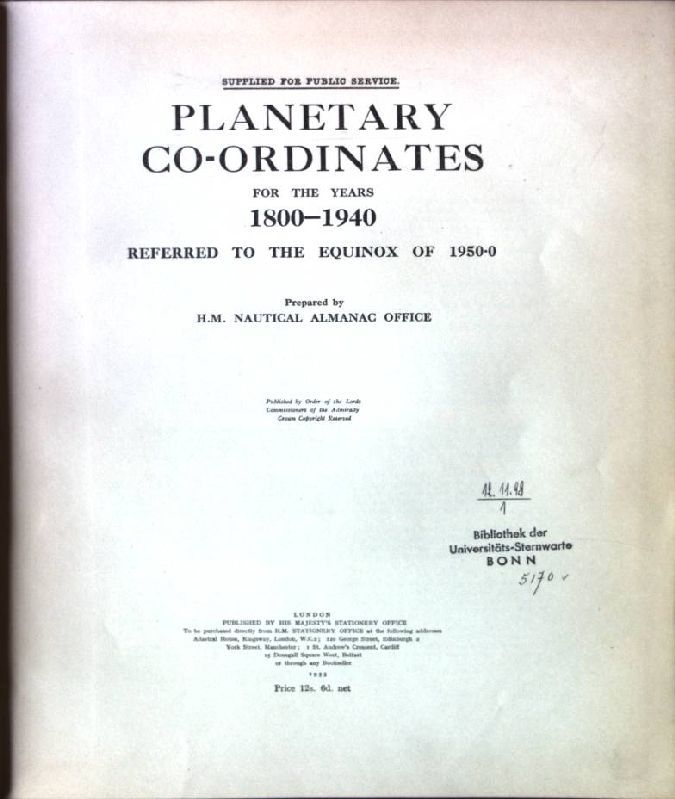 Planetary Co-Ordinates for the Years 1800-1940, Referred to the Equinox of 1950.0