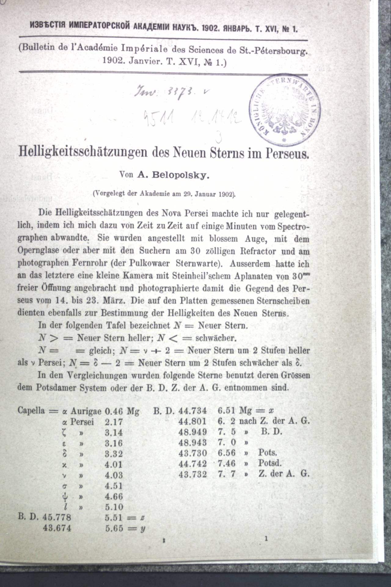 Helligkeitsschätzungen des Neuen Sterns im Perseus
