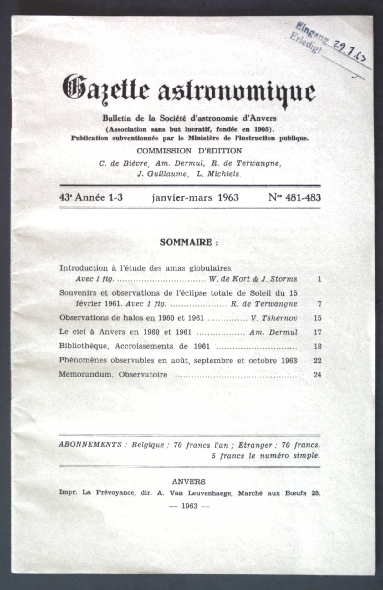 Observations de halos en 1960 et 1961 - dans: 43e Année No. 481-483 Gazette astronomique, Bulletin de la Société d'astronomie d'Anvers