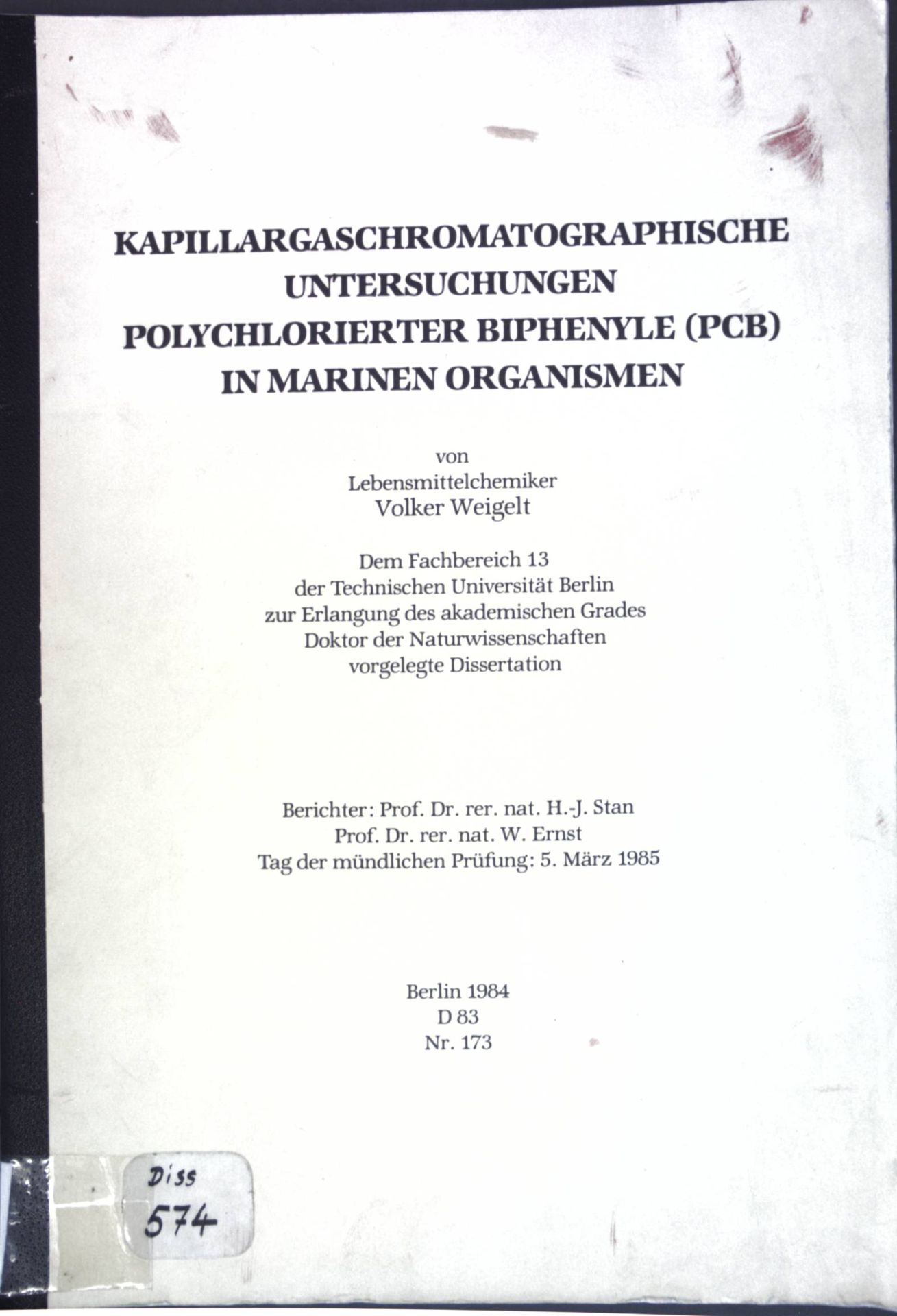 Kapillargaschromatographische Untersuchungen polychlorierter Biphenyle (PCB) in marinen Organismen