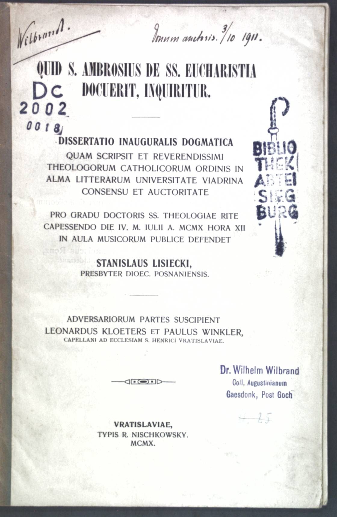Quid. S. Ambrosius de SS. Eucharistia docuerit, Inquiritur