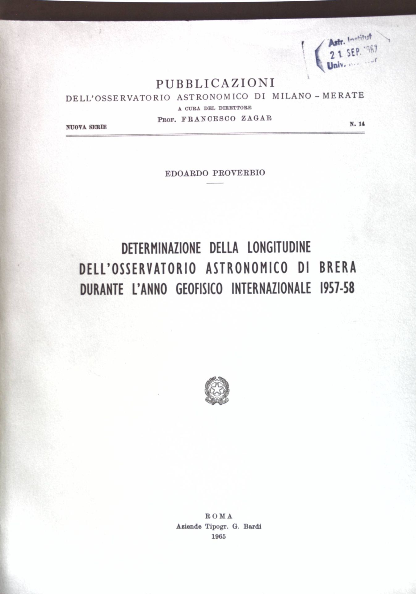 Determinazione della longitudine dell'Osservatorio Astronomico di Brera durante l'anno geofisico internazionale 1957-58