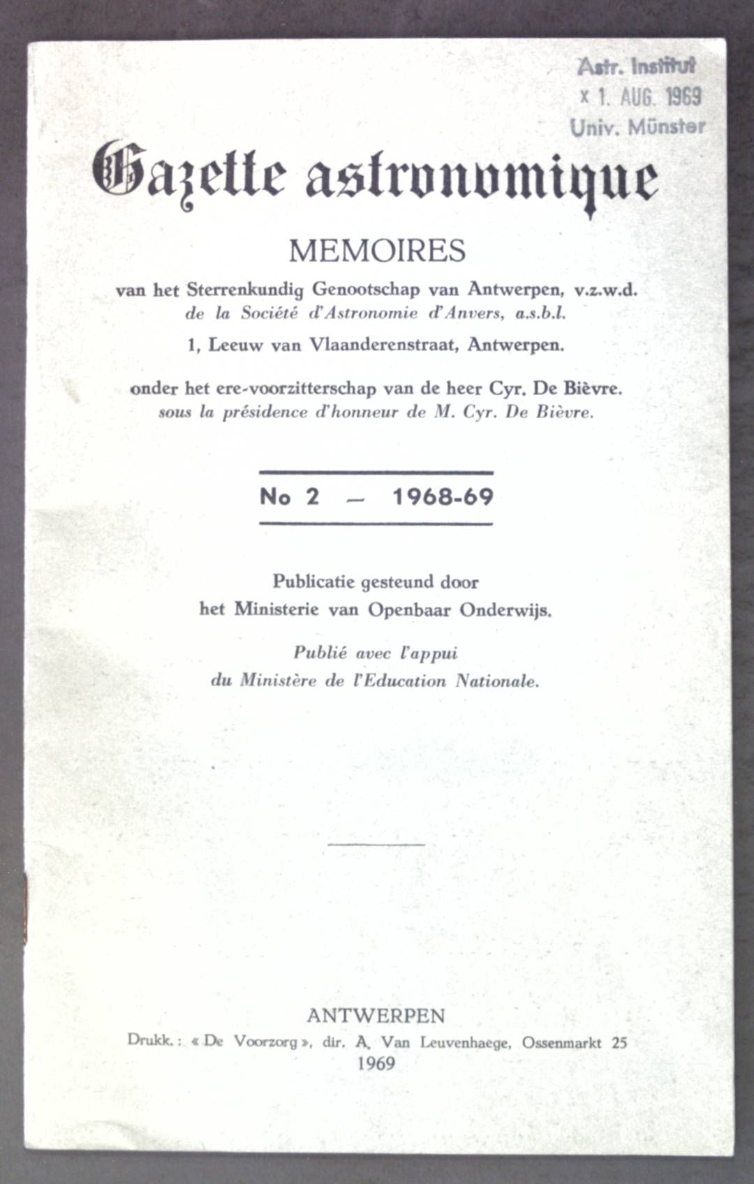Lijst van de voornaamste werken van onze bibliotheek - in: No 2 1968-1969 Gazette astronomique - Mémoires van het Sterrenkundig Genootschap van Antwerpen