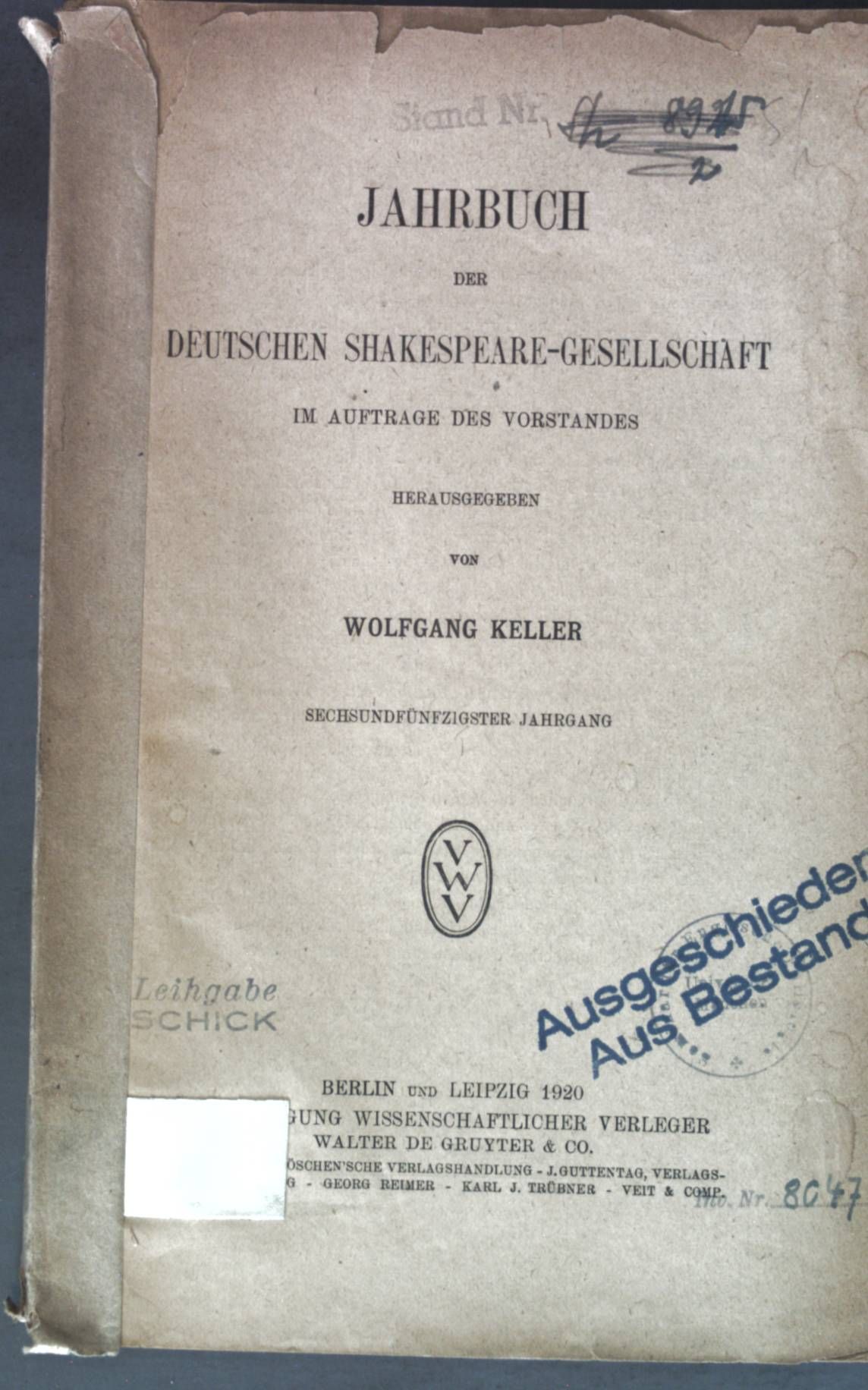 Die Inszenierung von Shakespeare's Lustspielen - in: Jahrbuch der deutschen Shakespeare-Gesellschaft 56. Jahrgang 1920