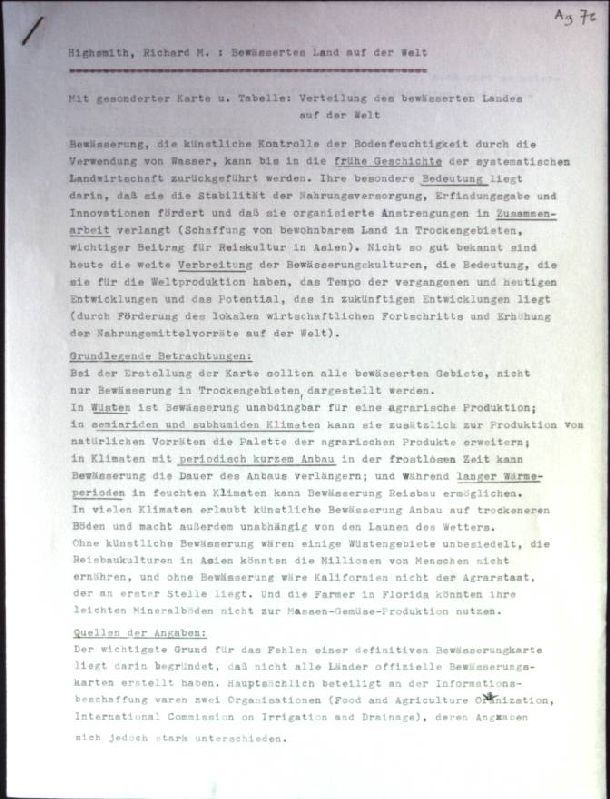Bewässertes Land auf der Welt. Mit gesonderter Karte u.Tabelle: Verteilung des bewässerten Landes auf der Welt