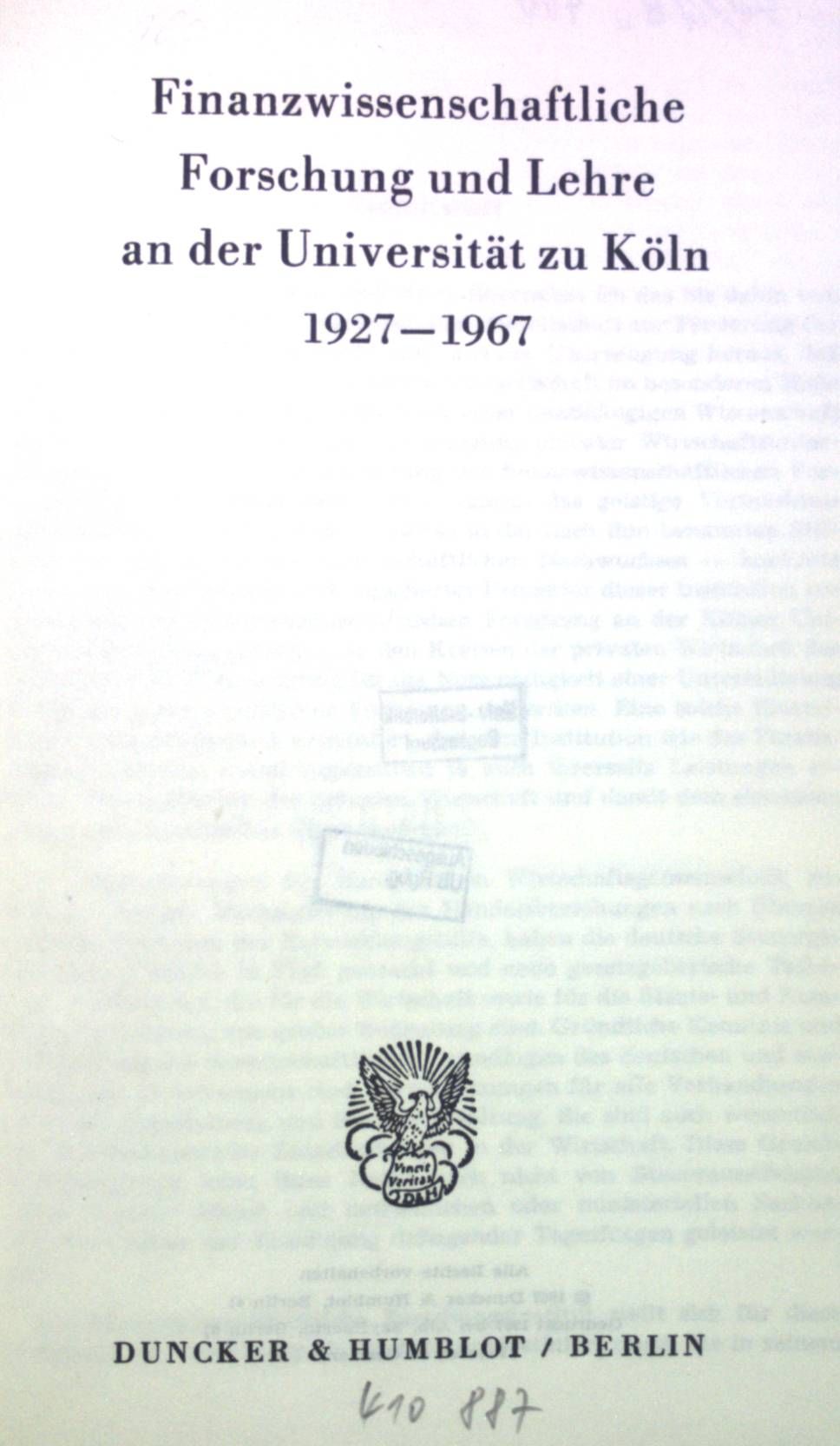 Finanzwissenschaftliche Forschung und Lehre an der Universität zu Köln 1927-1967