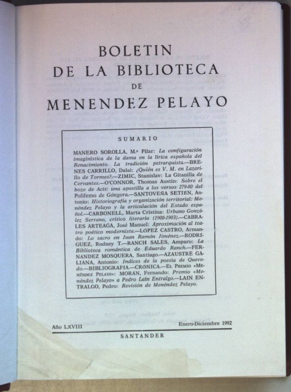 Boletin De La Biblioteca De Menendez Pelayo: Ano LXVIII: Enero-Diciembre 1992