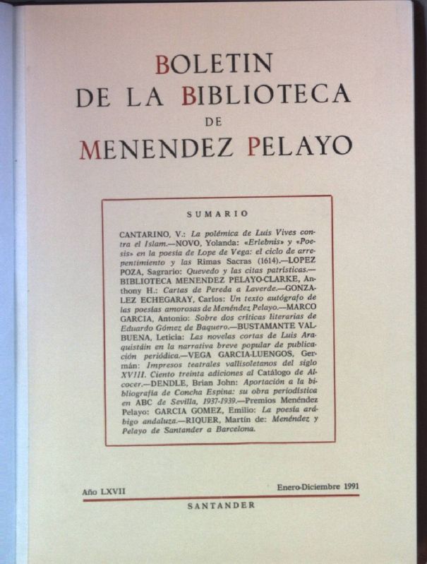 Boletin De La Biblioteca De Menendez Pelayo: Ano LXVII: Enero-Diciembre 1991