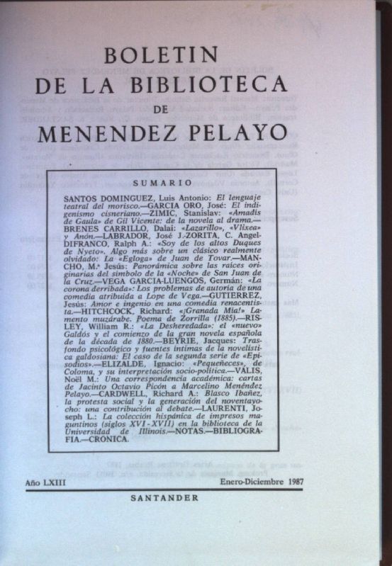 Boletin De La Biblioteca De Menendez Pelayo: Ano LXIII: Enero-Diciembre 1987