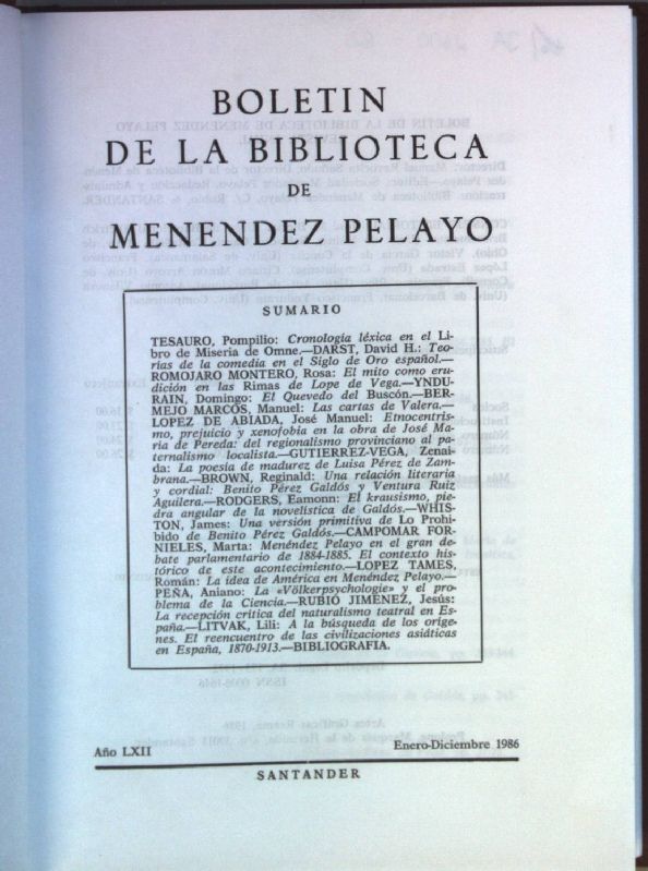 Boletin De La Biblioteca De Menendez Pelayo: Ano LXII: Enero-Diciembre 1986