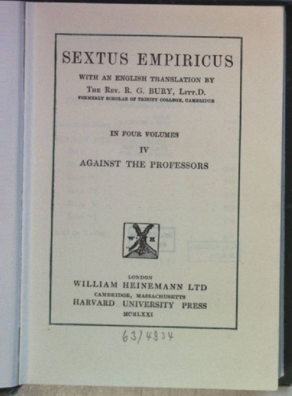 Sextus Empiricus: VOL.IV: Against the Professors